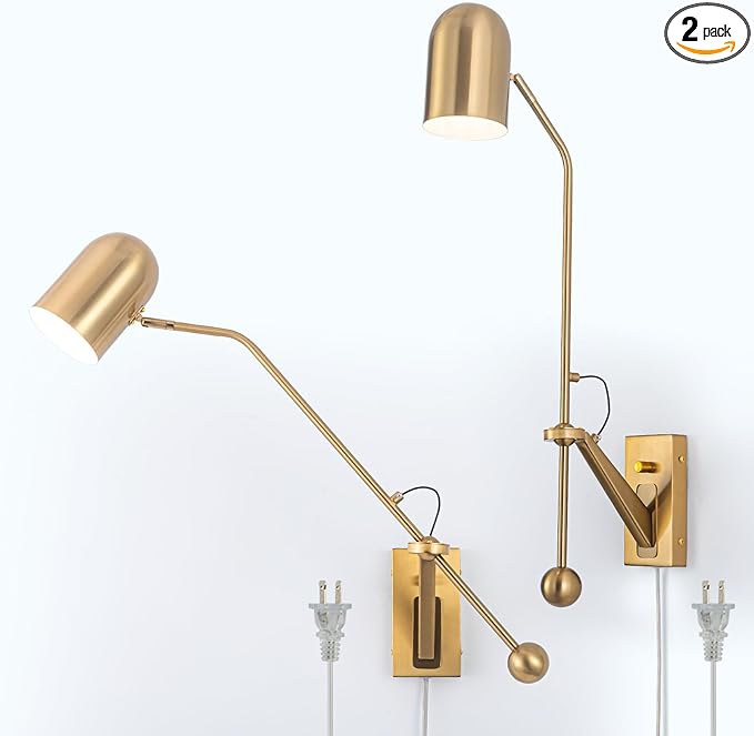 Ahaloye Gold Swing Arms Wall Lamp Plug in Reading Light Modern Sconces Adjustable Wall Mounted Light Fixture for Bedside Living Room Bedroom,2 Pack