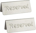 2 Pack Small Reserved Table Signs for Restaurants,Dinner Parties,Banquets,Events - Stainless Steel Table Tent Place Signs - 10 Year’s Use - Etched Design - Double Sided View - 4.7 x 1.9 In - (Sliver)