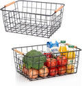 HDYOUDO Metal Black Wire Basket,Food Storage Organizer with Wooden Handles, pantry organizers and storage for Kitchen shelf Cabinets potato onion, 2 Packs