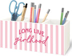 URLLUAE Pink Preppy Long Live Girlhood Wooden Pen Pencil Holder for Desk Accessories, Preppy Girly Desk Decor, Feminine Aesthetic Makeup Brush Toothbrush Holder Organizer for Girls Room Bathroom
