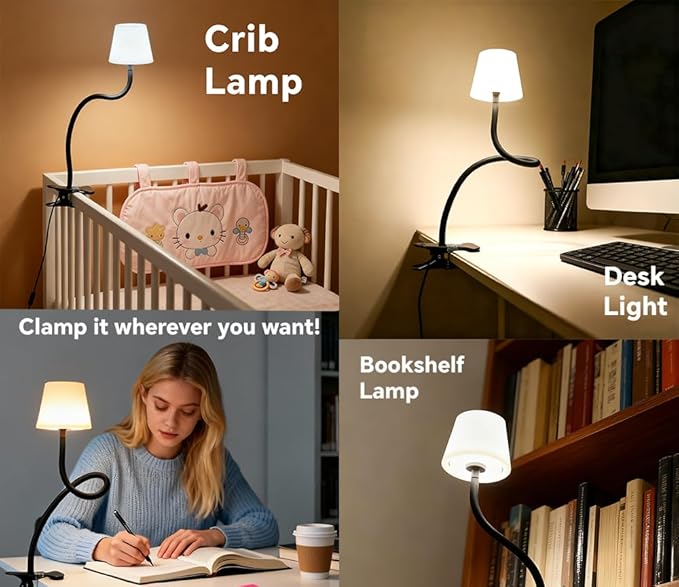 Rdzoko Clip On Light and Bed Reading Light, Clip on for Desk, Bedside Lamps for Dorm, College Dorm Room Essentials, Night Light for Kids Nursery, Multicolor LEDs, Adapter Included