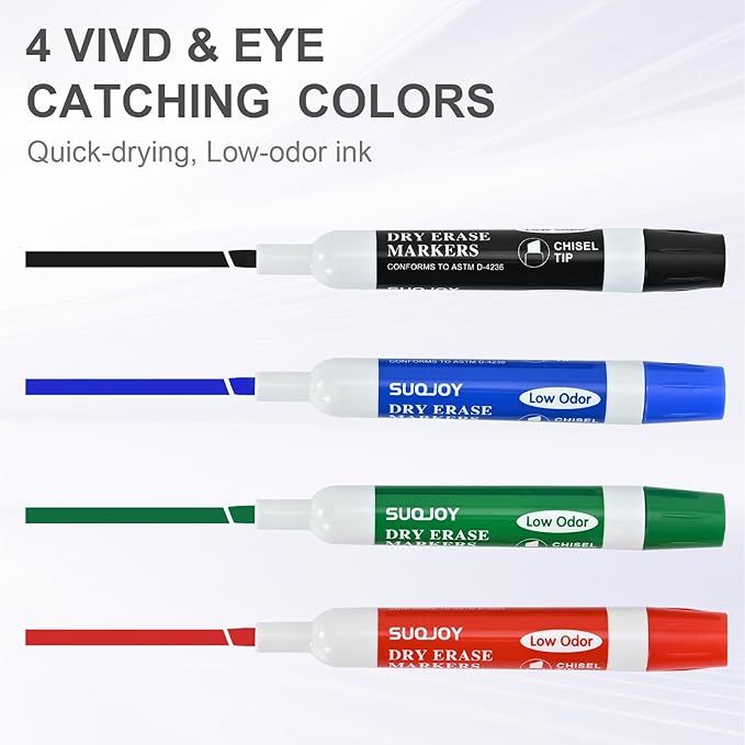 SUQJOY Dry Erase Markers, Chisel Tip Whiteboard Marker, Low Odor Thick Dry Markers, 36 Bulk 4 Assorted Color Markers for office