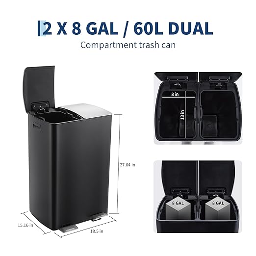 GarveeHome Commercial Dual Trash Can, 16 Gallon Stainless Steel Double Compartment Recycling Bin with Soft-Close Lids, Pedals & Plastic Inner Buckets, 60L Garbage Can for Kitchen, Home, Office, Black