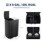 Garvee 16 Gallon (60 L) Dual Trash Can, Stainless Steel Garbage Bin with Plastic Inner Buckets, Commercial Trash Can with Soft-Close Lids & Pedals, Double Compartment Recycling Bin for Kitchen, Black