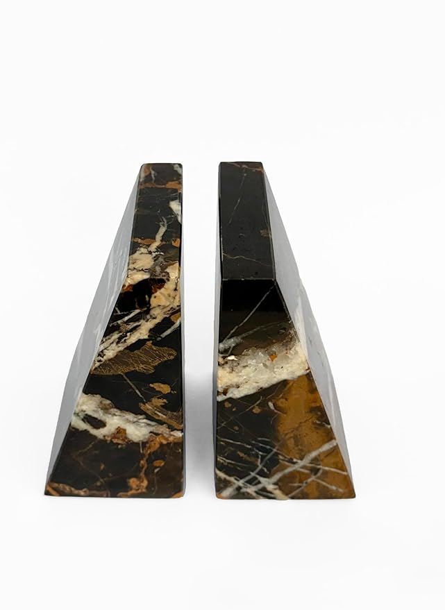 Ottimo Premium Polished Natural Marble bookends for use as Bookshelf Decor, Home, Office or Kitchen Shelves. Heavy, Triangular,and Modern Decorative Book Stopper with Anti-Slip Pads (Black Gold)