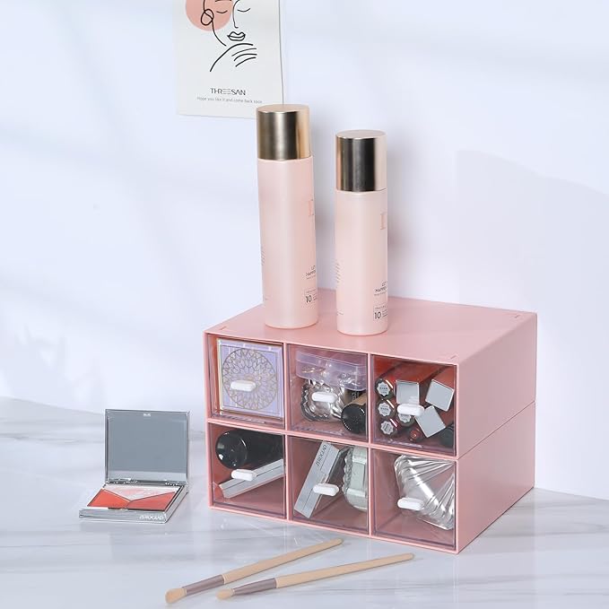 OSteed Desktop Drawers, Desk Organizer with 6 Drawers, Stackable Plastic Storage Box for Home Collection, Cosmetics, Jewelry, Office Supplies (2 Tall Layers, Pink)