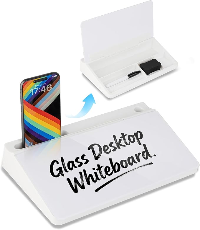 Small Glass Desktop Whiteboard 11.8×7”, Dry Erase Note Memo Board, Desk Organizer with Storage for Desk, Office, School Supplies, White, 2026