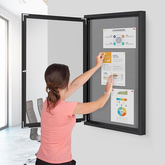 S SWANCROWN Outdoor Bulletin Board Weatherproof 36x24in, Enclosed Bulletin Board Wall Display Case Grey Felt Board for Office School Commerce,Black Aluminum Frame