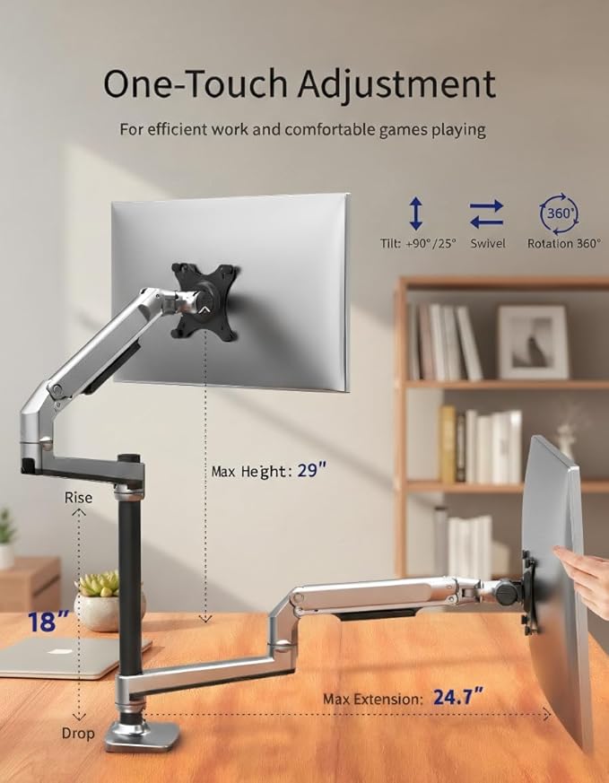 Ergounion Premium Dual Monitor Stand for Desk, High-Grade Aluminum Stacked Monitor Arm with Heavy-Duty Mechanical Spring, Adjustable Vertical Double Monitor Mount for 13-40 inch Screens, Silver