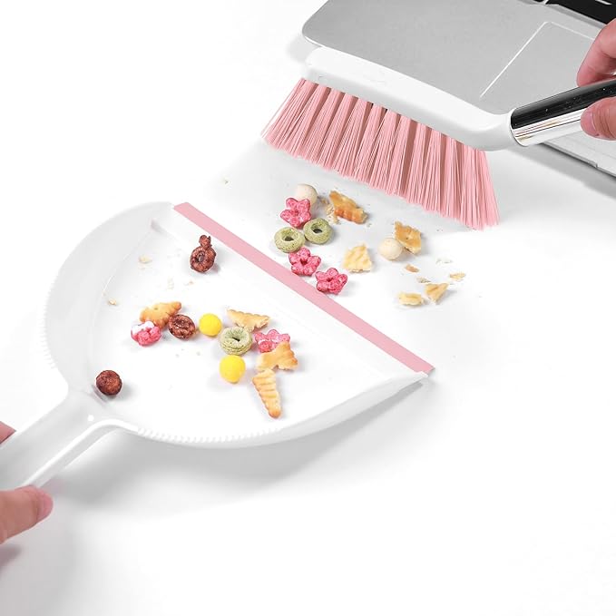 NACENA Mini Broom and Dustpan Set, Small Dust Pan and Brush Set with Handle Dustpan Teeth for Cleaning Hair Suitable for Office Desks Drawers Sofas Outdoor Camping, Pink