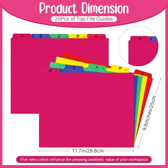 Noveread 1 Set 25 Alphabet File Dividers A-Z Tab Letter Size 1/5 Cut Tab Positions Alphabetical Number File Folder Organizer Guides Cabinet and Desk Dividers for School Office(Bright Colors)