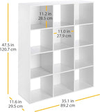 Whitmor 12 Cube Storage Organizer, 4 Tier Stackable Mdf Wood Bookcase, Open Storage Display Bookshelf, Storage Cabinet for Living Room, Bedroom, Home, Office, 35.1"L x 11.6"W x 47.5"H, White