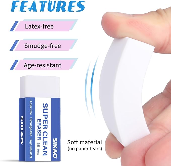 White Erasers, 6 Pack Block Pencil Erasers – Smudge-Free Latex-Free, Erasers for Kids School Supplies, Clean Erase for Homework, Office & Drawing (Art Use)