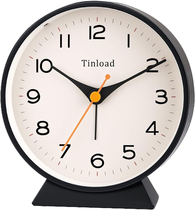 Tinload 4.5" Battery Operated Retro Analog Alarm Clock, Small Silent Bedside Desk Clock,Lighted on Demand, Battery Operated, Snooze, for Living Room, Bedroom, Bedside, Desk(Black)
