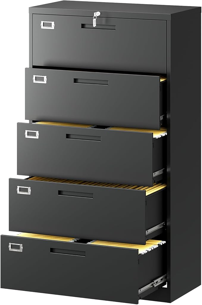 Fesbos Lateral File Cabinet with 5 Drawers - Metal Steel Filling Cabinets for Home Office - Lockable Storage Cabinet for Hanging Files Letter/Legal/F4/A4 Size-Assembly Required