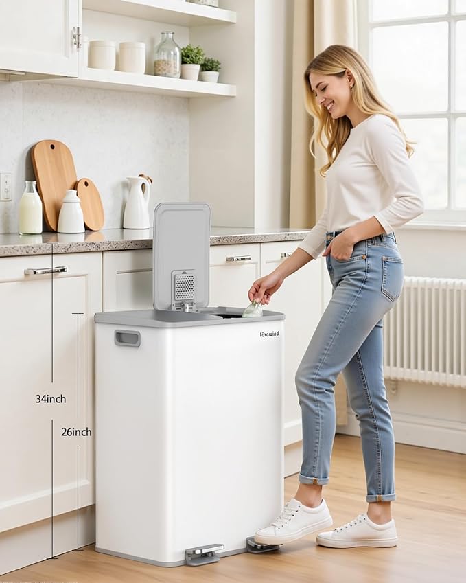 Lovewind Kitchen Trash Can, 2 x 8 Gallon (2 x 30 L) Stainless Steel Trash and Recycle Bin Combo with Soft-Close Lid, Dual Compartment Recycling Kitchen Step Trash Bin, White