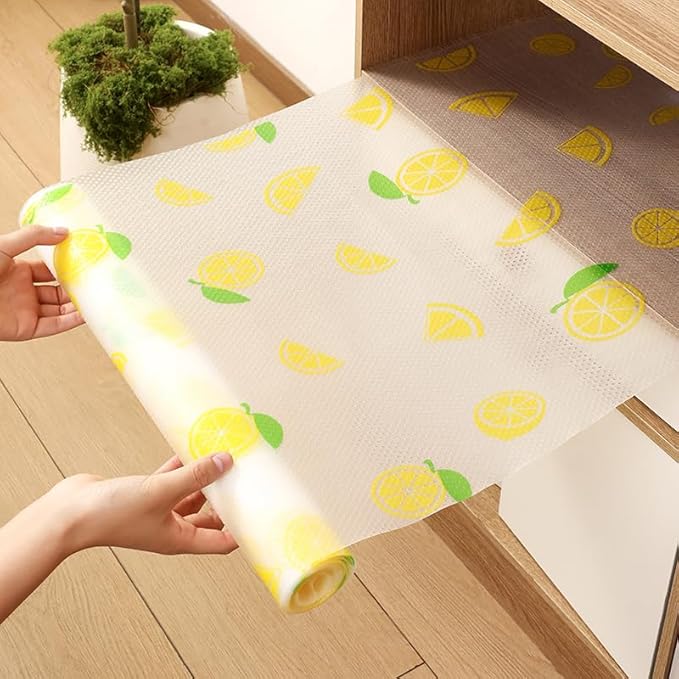 Lemon Print Shelf Liner with Green Leaf – Non-Adhesive Waterproof Drawer and Cabinet Liner – Decorative Kitchen Shelf Paper for Pantry, Closet, Cupboard, Countertop