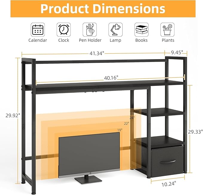 Desk Shelf with Drawer, 41.3" Desktop Organizer Shelf, Desk Hutch for Computer Monitor Max 32", 3 Tier Desktop Display Rack, Wooden Desk Top Bookshelf Storage Rack for Home Office Dorm, Black