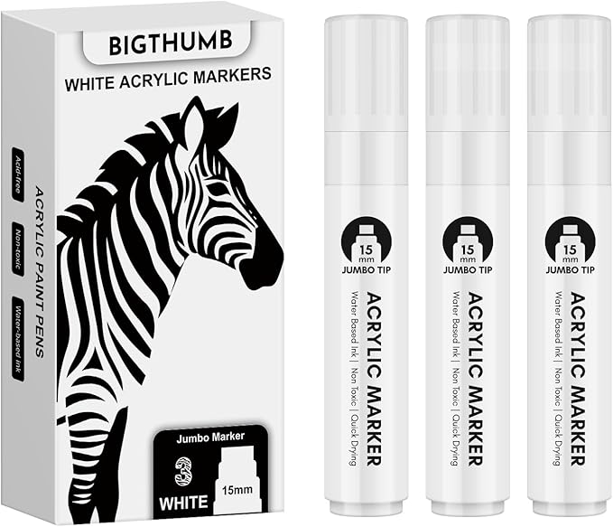 BIGTHUMB Thick White Jumbo Poster Markers: 3 Pcs 15mm Wide Tip Large Acrylic Paint Pens Big Permanent Markers Calligraphy Marker for Rock Painting, Sign, Canvas, Glass, Wood, Ceramic