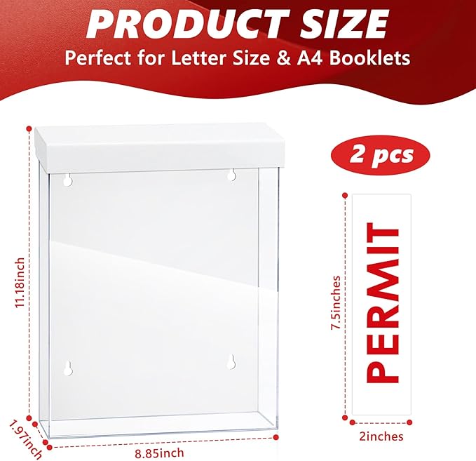 9.1" x 11.6" Outdoor Permit Brochure Holder Waterproof Wall Mount Literature Box with Lid Screws Clear Acrylic Document Holder Fits Letter Size A4 Flyers Booklets Pamphlets Includes "PERMIT" Decal