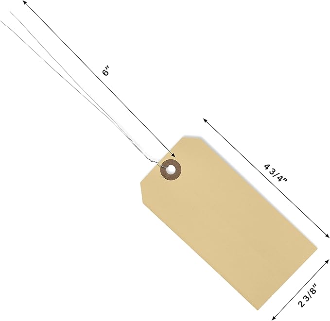 Durable Shipping Tags with Wire Ties – 200 Tags # 5, 4 3/4" x 2 3/8" – Manila Paper Tags with Wire and Reinforced Eyelet