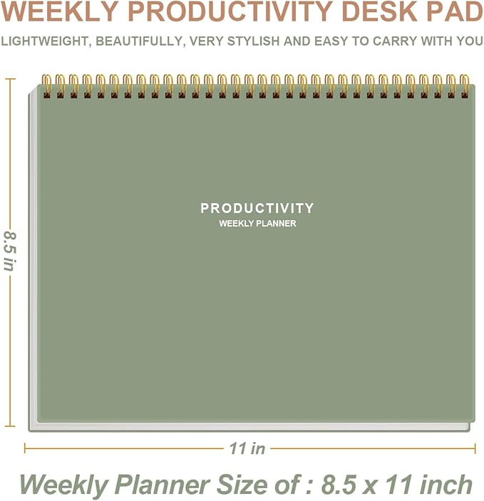 Weekly Productivity Planner - 8.5" x 11" Dashboard Desk Notepad Has 6 Focus Areas to List Tasks for Goals, Projects, Clients, Academic or Meal-Organize Your Daily Work Efficiently, 54 Weeks, Green