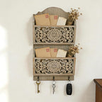 Chadechimo Rustic Key and Mail Holder for Wall Home Decorative,2-Slot Mail Organizer Wall Mount with 3 Hooks, Wooden Key Hangers Wall File Organizer Letter Sorter for Letter Magazines（Brown）