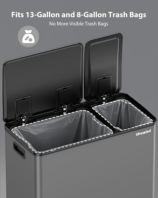 Dual Trash and Recycling Bins for Kitchen, 13.2 + 5.2 Gal (50+20L) Stainless Steel Trash and Recycle Bin Combo with Soft-Close Lid, Large Garbage Cans for Kitchen Home with 2 Magnets Sticker, Grey