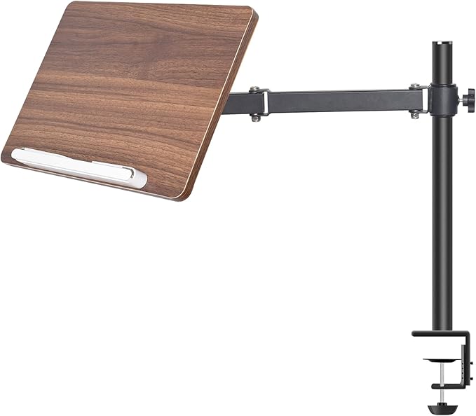 Adjustable Book Stand with Desk Clamp Mount, Wooden Reading Holder with Metal Arm, Black