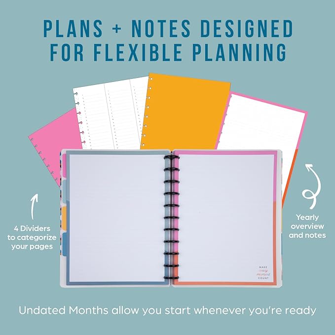 Happy Planner Undated Plans + Notes Monthly Planner Notebook Journal, 4-Month Planner, Good Going Magic Theme, Big Size, 95 Pages, 4 Dividers, 12 Planner Sticker Sheets, 8 1/2" x 11"