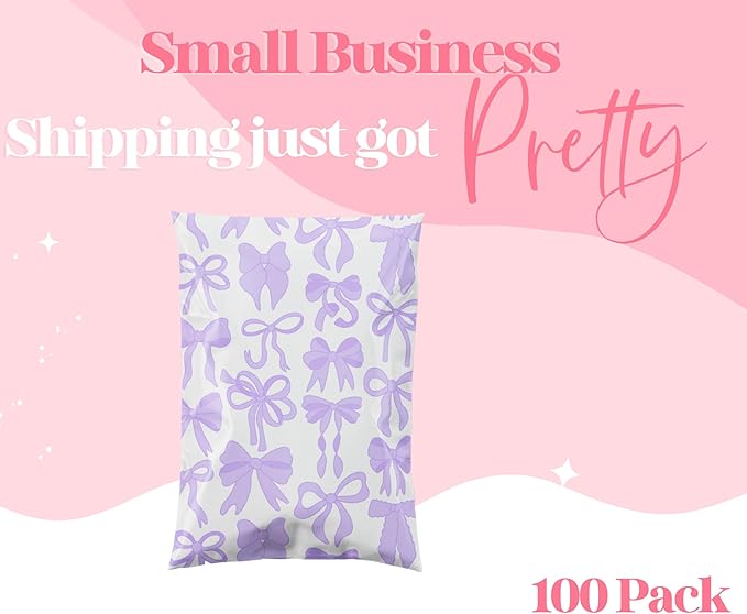 Pretty Package Store 10x13 Designer Poly Mailer 100 Pack Heavy Duty Waterproof Self Seal Shipping Bags for Small Business Large Mailing Envelopes Bulk Tear Resistant Packaging Purple Bows
