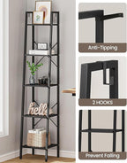 Hzuaneri Ladder Shelf, Bookshelf Bookcase, Freestanding Corner Storage Shelve with 2 Hooks for Home Office, Living Room, Kitchen, Bedroom, Industrial, 11.8" D x 13.4" W x 63" H, Black BC03204B