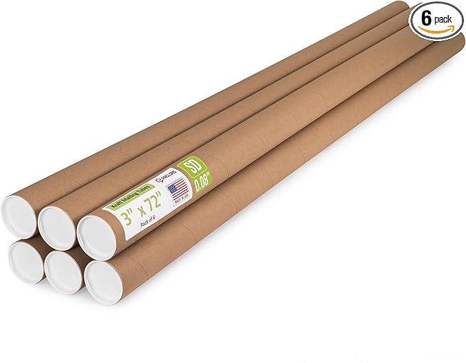 Paclord 3" x 72" Reinforced Kraft Paper Mailing Tube, Pack of 6 Tubes with 12 Caps – Secure USPS Approved Poster Tube – Cardboard Tube for Shipping and Storing Posters, Prints, Artwork, or Documents