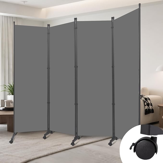 Room Divider (4 Panel) Wall Divider for Room Separation, 88 inch Wide Portable Privacy Screens W/Wheels, Metal Frame Freestanding Room Separators 5.6FT Room Partitions and Dividers