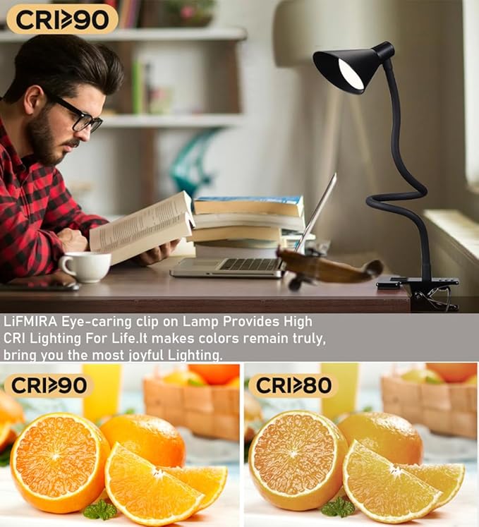 LiFMIRA Clip on Light USB Reading Light 3 Color Modes 10 Brightness Levels Eye Care Clamp Light Flexible Gooseneck Dimmable Reading Lamp Clip on Lamp for Bed Headboard Desk Bedside Dorm (Black)
