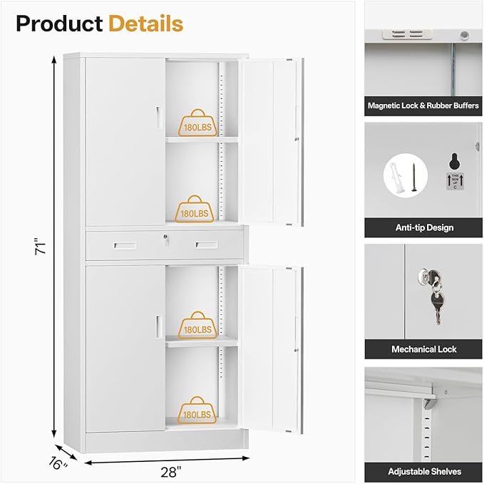 TaskStorz Metal Storage with 1 Drawer, 71" Cabinet with 4 Locking Doors and 2 Adjustable Shelves, Steel Storage File Cabinet for Pantry, Kitchen, Office, Garage (White)