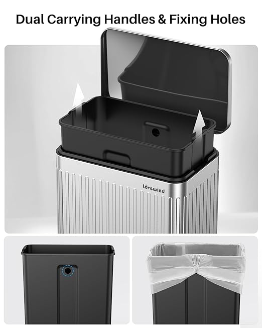 Lovewind 60 Liter/ 16 Gallon Stainless Steel Trash Can with Soft-Close Lid, Large Footstep Garbage Can with Roman Texture, Removable Inner Buckets, Recycling Bin for Kitchen Office, Silver
