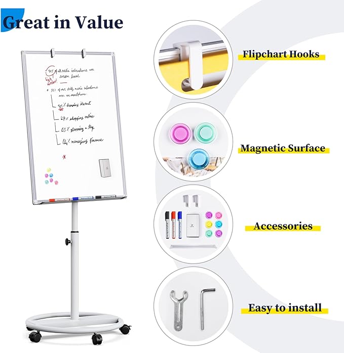 Mobile Whiteboard – 36 x 24 inches Portable Magnetic Dry Erase Board, 3' x 2' Stand Easel White Board Dry Erase Easel Standing Board with Flipchart Hooks