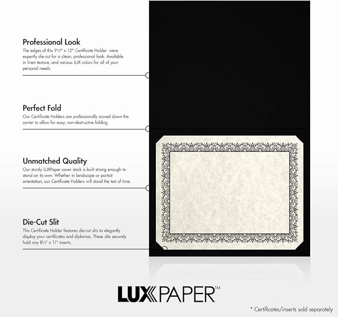LUXPaper 9.5" x 12" Certificate Holders | Black Linen | Embossed Gold Foil Border | 100lb. Cover | 100 Qty