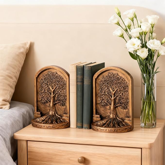 Large Vintage Tree of Life Bookends Set – 2 Non-Skid Heavy Bookends, Antique Bronze Finish Resin Decorative Bookends for Heavy Books, Office, Library, Bookshelf, Living Room, Housewarming Gift