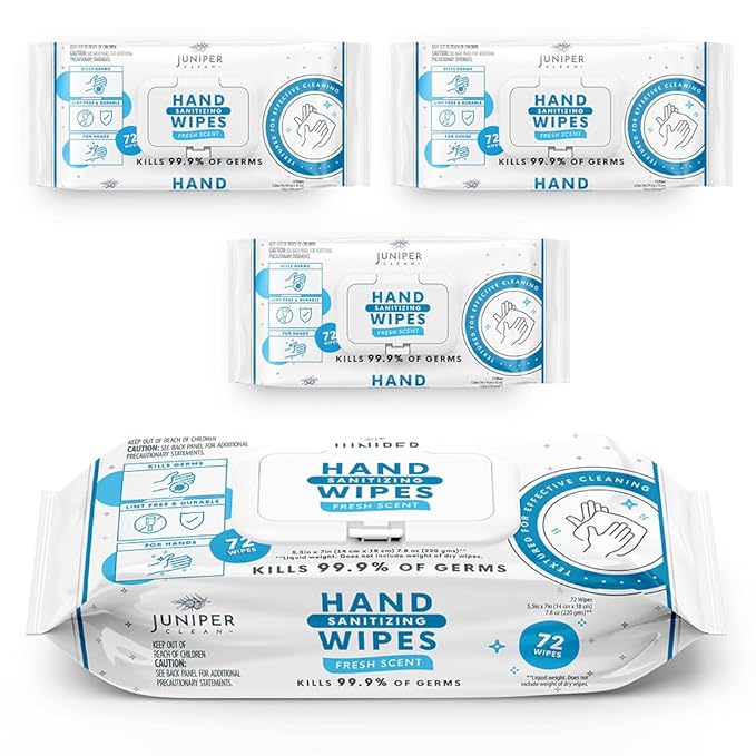 Juniper CLEAN, 3 Pack Hand Sanitizing Wipes, 216 Count Disposable Hand Sanitizer Wipes, Fresh Scent, Lint Free & Durable