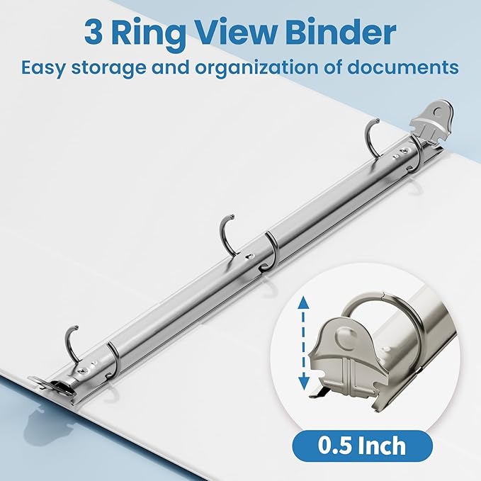 SUNEE 1/2 Inch Binders 3 Ring 12 Pack Bulk, 3 Ring Binders Clear View PVC-Free (Fit 8.5x11 Inches) for School or Office Supplies, White