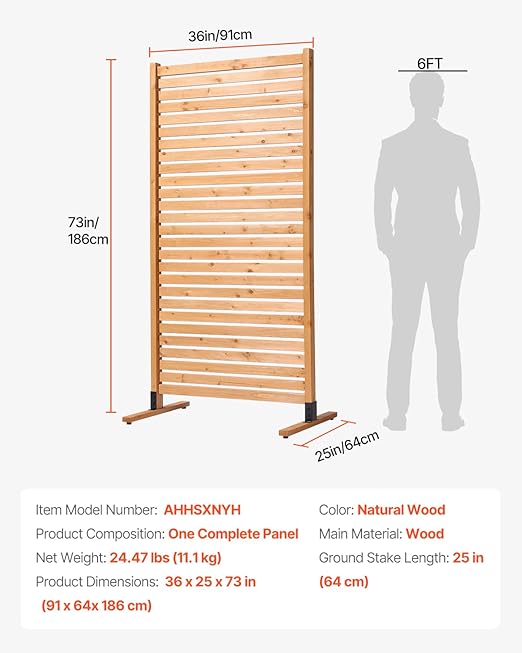 VEVOR Wooden Privacy Screen,36" W x 73" H Outdoor Privacy Screen, Freestanding Wood Privacy Panel with Stand,Outdoor Divider for Balcony Patio Lawn Garden