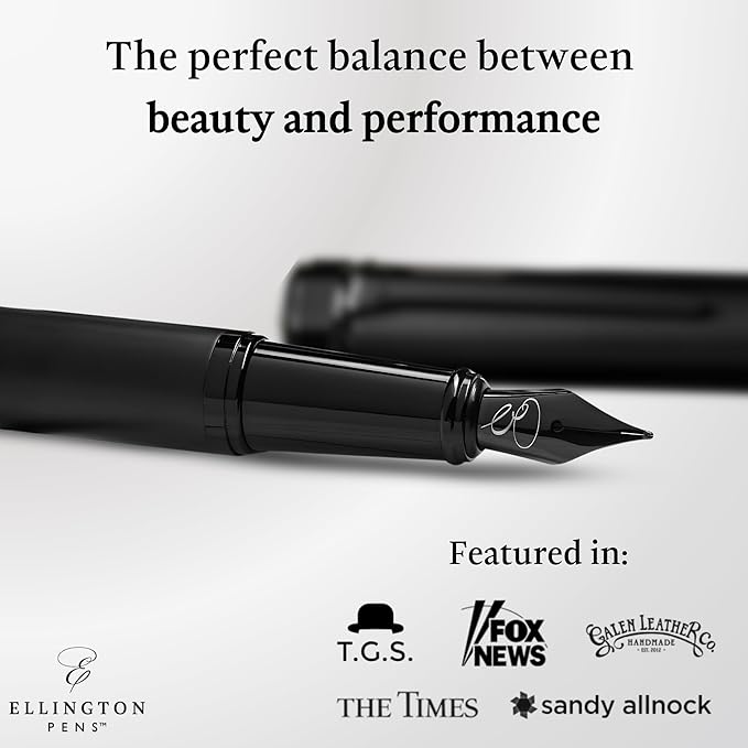 Ellington Pens Luxury Fountain Pen Set - Smooth Fine Nib - Includes 3 Ink Cartridges, Refillable Ink Converter, Gift Box - Fountain Pens For Writing, Calligraphy, Journaling, Sketching (The Stealth)