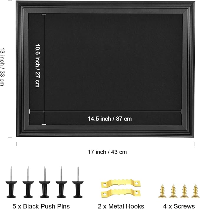 YCCYYCCY Bulletin Board with Felt, Black Wood Framed Display Bulletin Board for Walls with Pins, Eye Bolts, gaskets, Screws, Pin Board for Office, School and Home(MZB-BK,3343,1P)