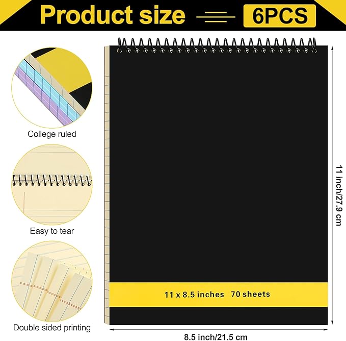 Resurhang 6 Pcs Legal Pad Top Spiral Bound Notebook 70 Sheets Double Sided College Ruled Paper Notepad Memo Steno Pad with Stiff Cover for Business College(8.5 x 11 Inches,No Holes,6 Colors)