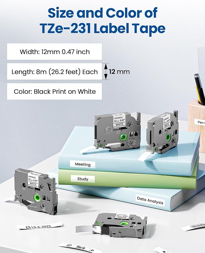 Pillex TZe-231 TZe TZ Tape 12mm 0.47 Laminated White AZe Label Tape Replace for Brother Label Maker Tape TZe231 Work with Brother P Touch Label Maker PT-D210 PT-H110 PT-D220 PT-D400 D600 D610BT 6-Pack