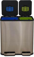 70 Liter / 18.5 Gallon Rectangular Hands-Free Dual Compartment Recycling Kitchen Step Trash Can with Soft-Close Single Lid, Stainless Steel (40L x 30L Capacity) Rose Gold Finish