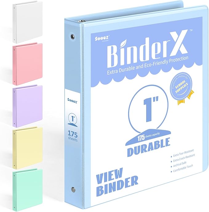 BinderX Extra Durable 3 Ring Binder, Round Ring 1 Inch Binders, Fits 175 Sheets of 8.5x11 Paper, Customizable View Cover with Inside Pockets, Cute 1" Binder, School Supplies for Girls, Blue