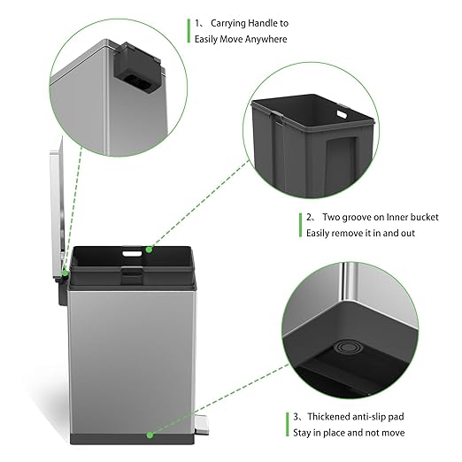 SIMPLYKLEEN Trash Can with Lid - 45 Liter/12 Gallon Slim Stainless Steel Trash Can Odor Protection Kitchen Garbage Cans with Soft-Close Foot Pedal Anti-Fingerprint for Bathroom Home Office Rectangle